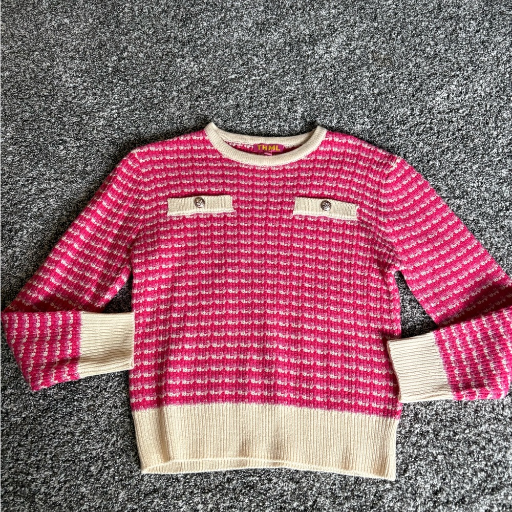 THML Pink and Cream Crew Neck Sweater